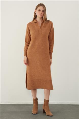 Brown Polo Neck Basic Midi Knitwear Dress