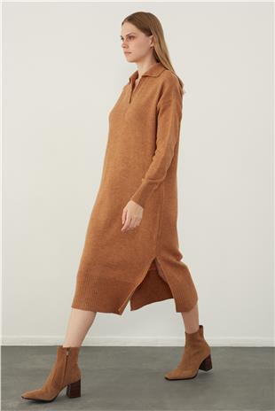 Brown Polo Neck Basic Midi Knitwear Dress