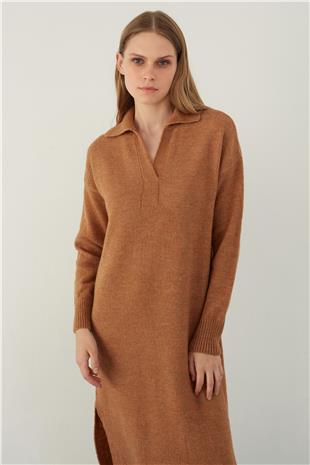 Brown Polo Neck Basic Midi Knitwear Dress