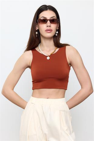 Kahverengi Slimfit Crop Top Bluz