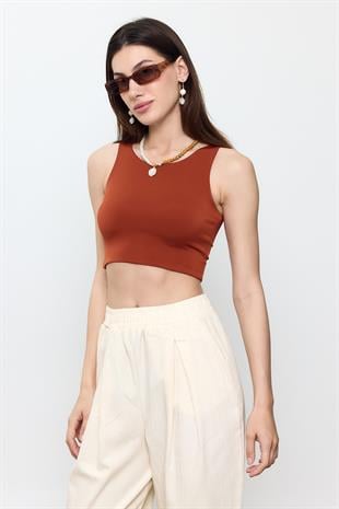 Kahverengi Slimfit Crop Top Bluz