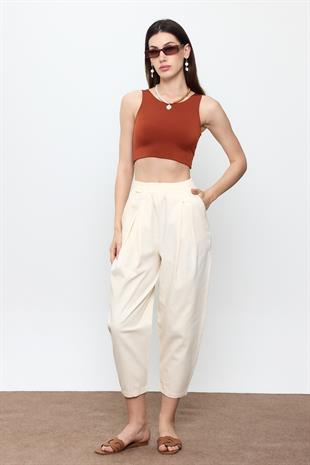 Kahverengi Slimfit Crop Top Bluz