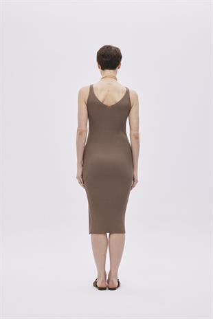 Brown V Neck Knitwear Dress