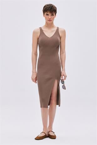 Brown V Neck Knitwear Dress