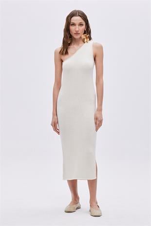 Ecru One Shoulder Knitwear Dress