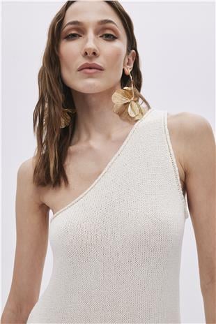 Ecru One Shoulder Knitwear Dress