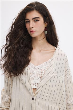 Keten Karışımlı Çizgili Gömlek