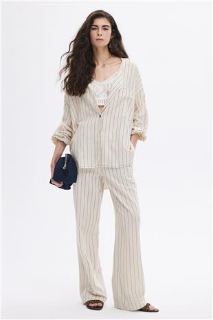 Keten Karışımlı Çizgili Gömlek