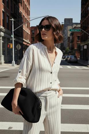 Keten Karışımlı Çizgili Gömlek