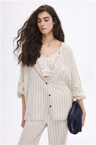 Keten Karışımlı Çizgili Gömlek