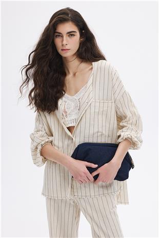 Keten Karışımlı Çizgili Gömlek