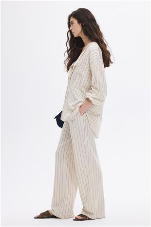 Keten Karışımlı Çizgili Pantolon