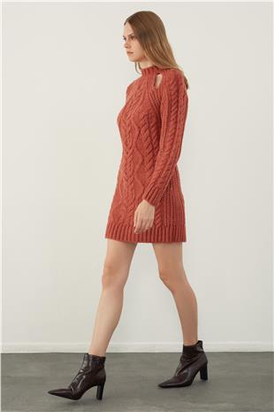 Tile Red Knitted Shoulder Detailed Crew Neck Knit Dress SS23D4714Kİ
