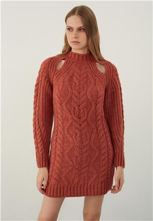 Tile Red Knitted Shoulder Detailed Crew Neck Knit Dress SS23D4714Kİ