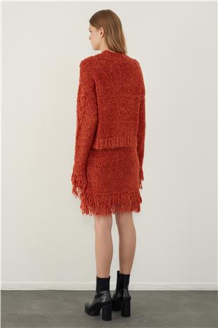 Brick Tasseled Sweater Skirt Knitwear Set