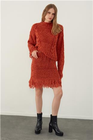 Brick Tasseled Sweater Skirt Knitwear Set