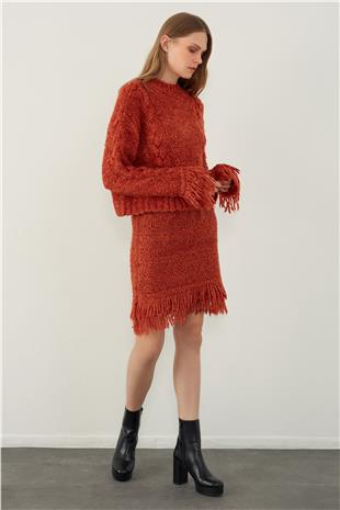 Brick Tasseled Sweater Skirt Knitwear Set