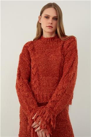 Brick Tasseled Sweater Skirt Knitwear Set