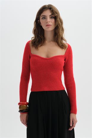 Kırmızı Uzun Kollu Triko Kazak