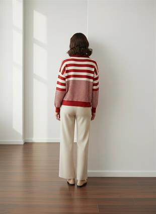 Kırmızı Bej Çizgili Basic Kazak