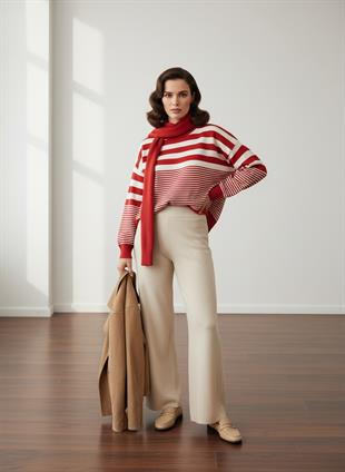 Kırmızı Bej Çizgili Basic Kazak