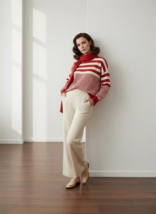 Kırmızı Bej Çizgili Basic Kazak