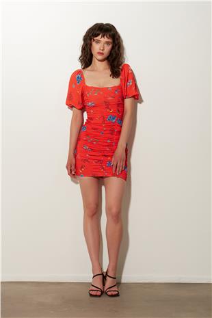 Red  Patterned Gathered Mini Dress SS23D4794KI