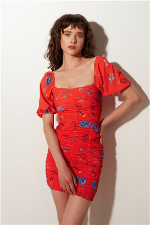 Red  Patterned Gathered Mini Dress SS23D4794KI