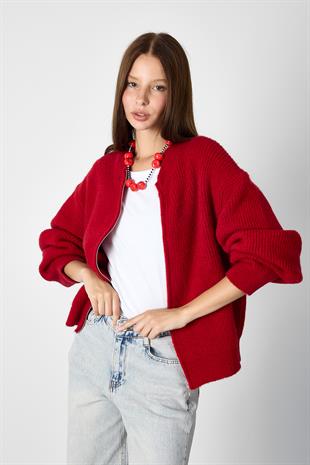 Kırmızı FERMUARLI TRİKO HIRKA