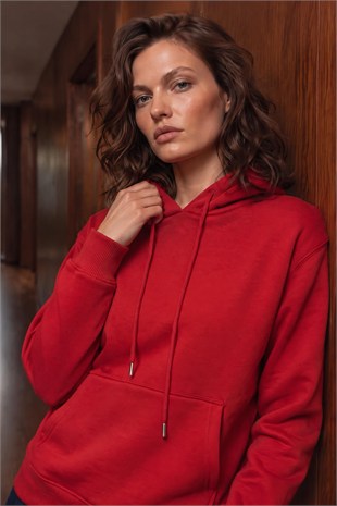 Kırmızı Kapüşonlu Sweatshirt