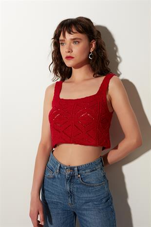 Red square neck  Geometric Patterned knit Athlete SWA4643KI