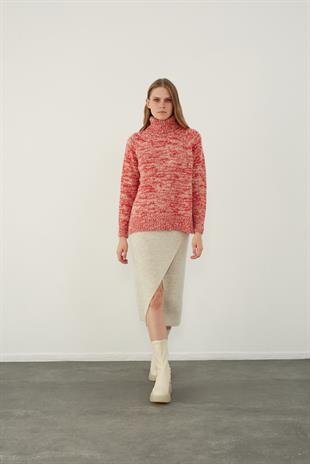 Red Brushed Textured V Neck Basic Knitwear Sweater