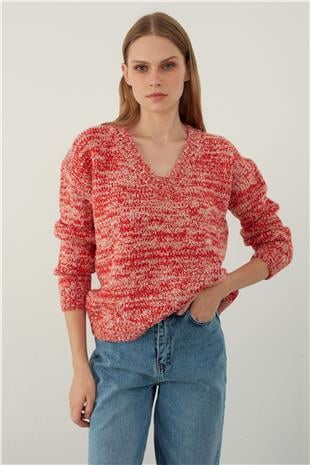 Red Brushed Textured V Neck Basic Knitwear Sweater