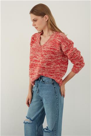 Red Brushed Textured V Neck Basic Knitwear Sweater