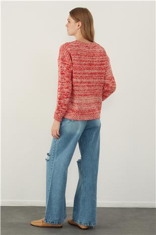 Red Brushed Textured V Neck Basic Knitwear Sweater