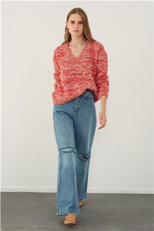 Red Brushed Textured V Neck Basic Knitwear Sweater