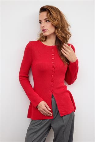Kırmızı Önü Düğmeli Triko Bluz