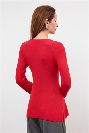 Kırmızı Önü Düğmeli Triko Bluz