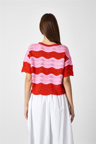 Kırmızı-Pembe Çizgili Triko Kazak