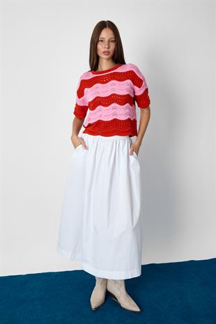 Kırmızı-Pembe Çizgili Triko Kazak