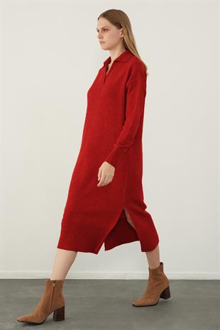 Red Polo Neck Basic Midi Knitwear Dress