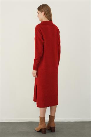 Red Polo Neck Basic Midi Knitwear Dress