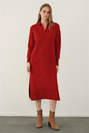 Red Polo Neck Basic Midi Knitwear Dress