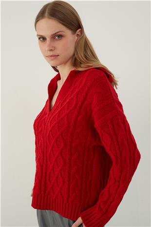Red Polo Neck Cable Knit Sweater