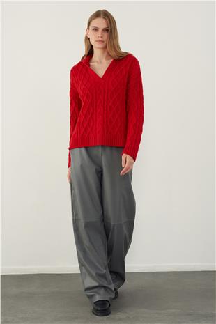 Red Polo Neck Cable Knit Sweater