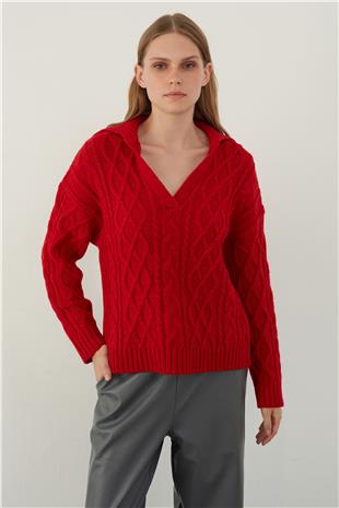Red Polo Neck Cable Knit Sweater