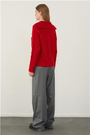 Red Polo Neck Cable Knit Sweater
