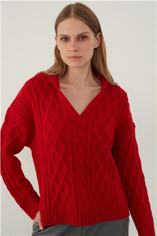 Red Polo Neck Cable Knit Sweater