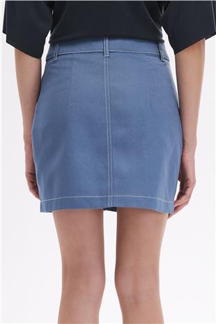 İndigo Kontrast Dikişli Mini Etek