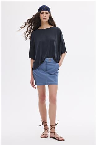 İndigo Kontrast Dikişli Mini Etek